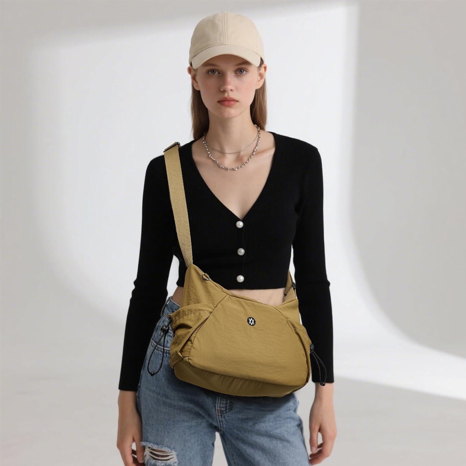 Axcone Hobo Bag for Women Nylon Crossbody Bag Multi-Pocket Sling Bag Roomy Lightweight Casual Shoulder Bag Adjustable Strap Brown