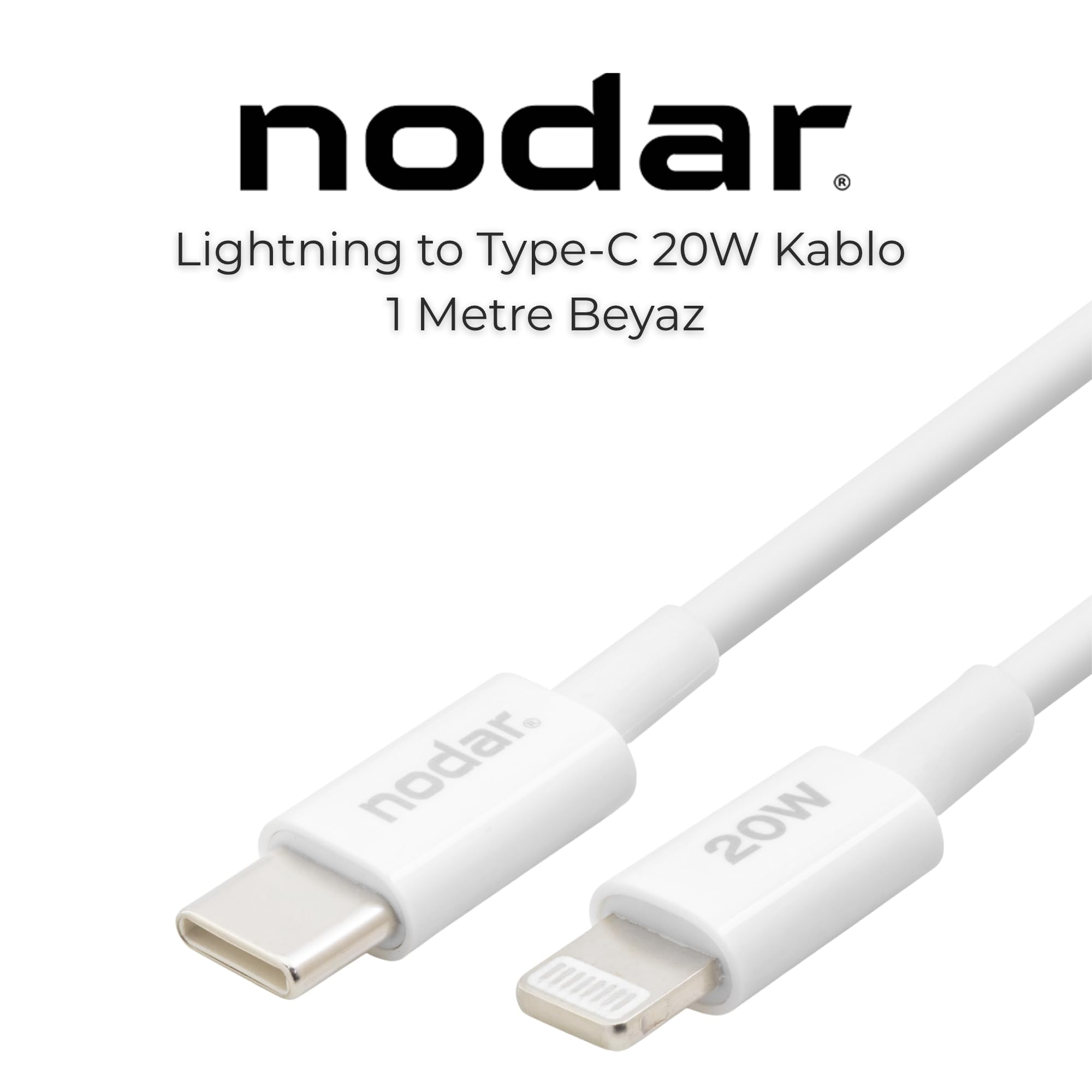 Nodar 20W USB-C to Lightning Hızlı Şarj Kablosu 1 Metre PD Veri Kablosu iPhone 14, 13, 12, 11, Pro, Max, iPad Uyumlu Sağlam ve Dayanıklı TPU Yalıtım Yüksek Hızlı Veri Transferi Beyaz ND1151