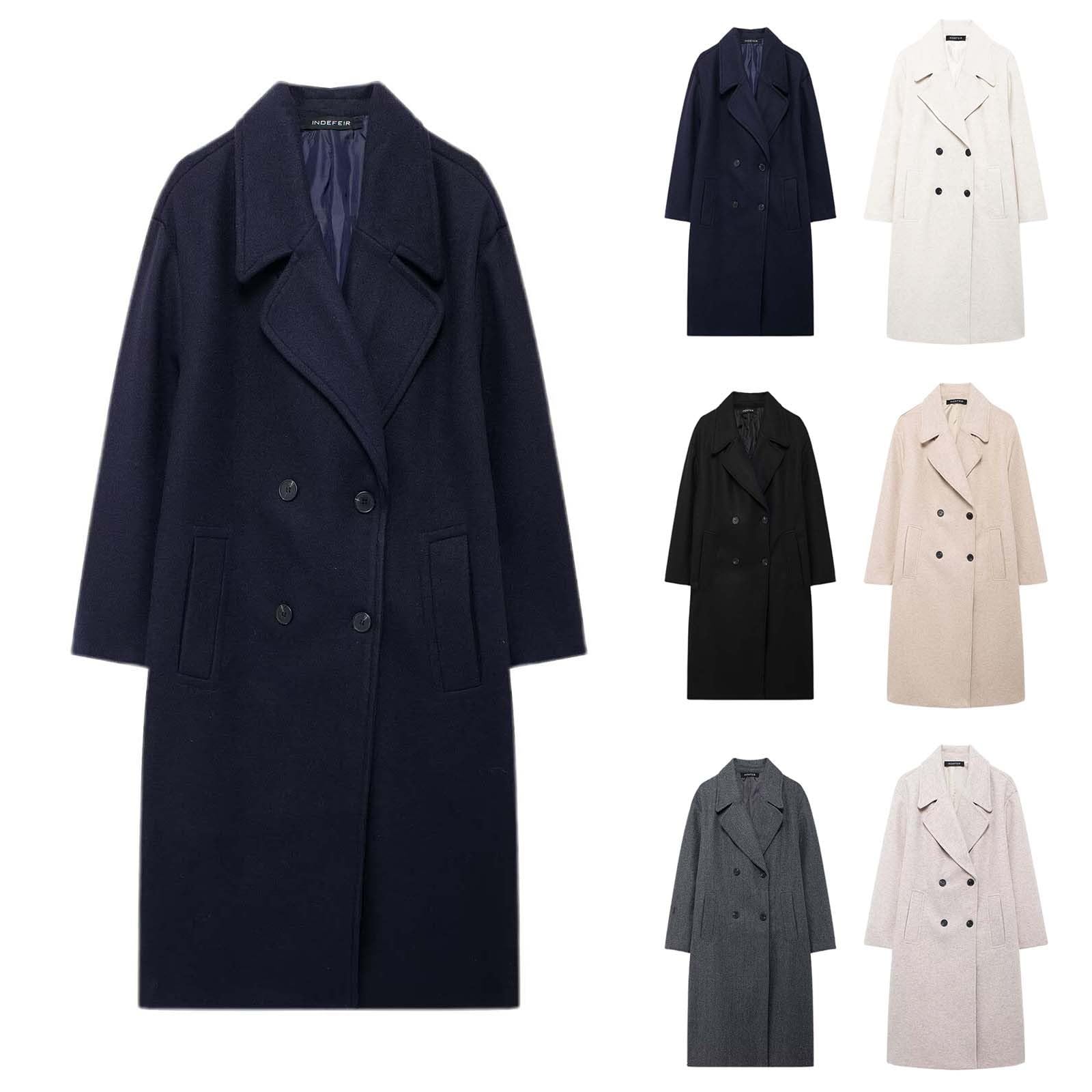 Cappotto lungo da donna Trench Inverno Caldo risvolto Cappotto di lana con tasche Classico Trench Monocolore Overcoat Capispalla a maniche lunghe, elegante giacca invernale lunga