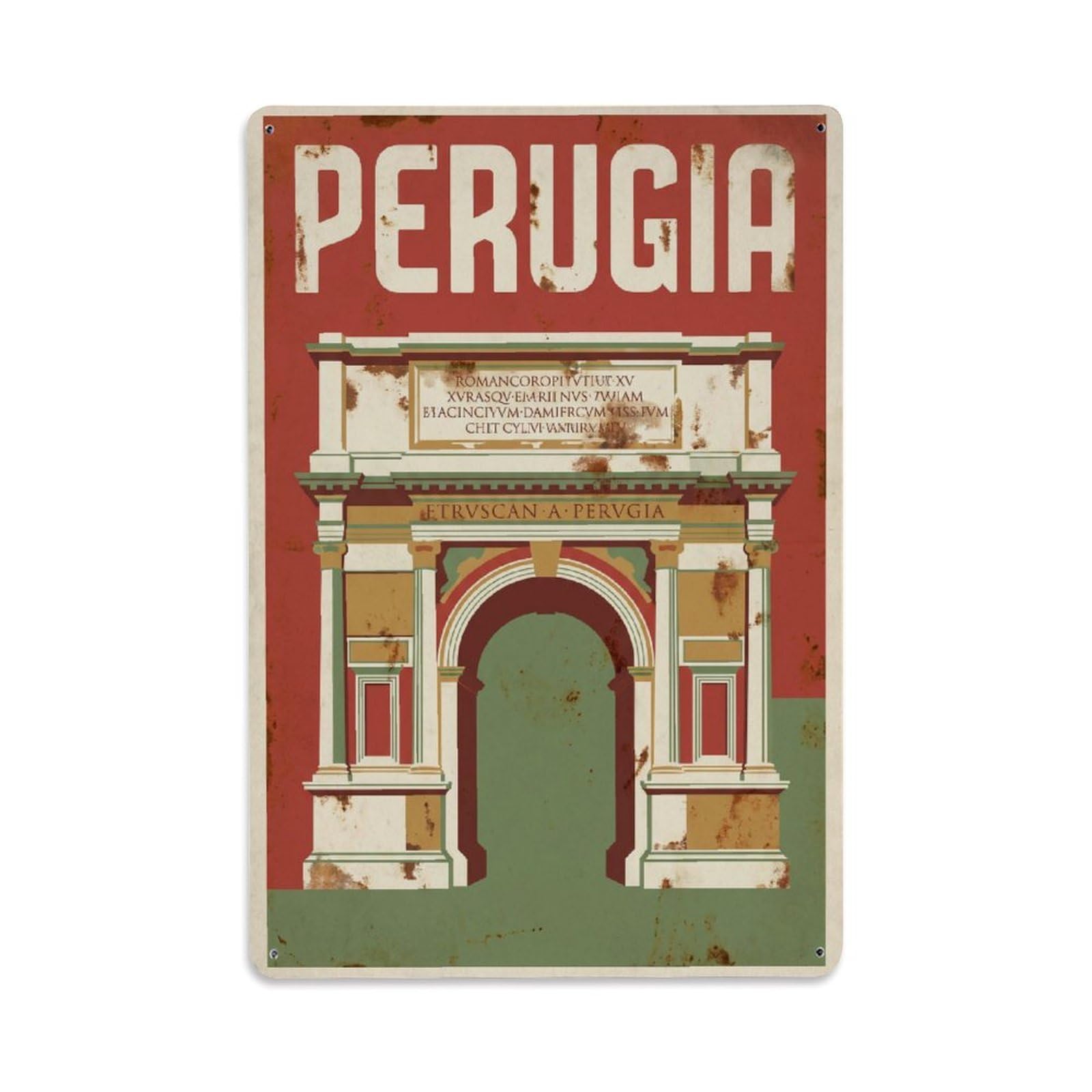 Vintage Travel Perugia Etruscan Arch Italy Metal Tin Sign Plaque Wall Decor for Cafe, Club Bar, Office, Home Garden Metal Poster 8x12Inch