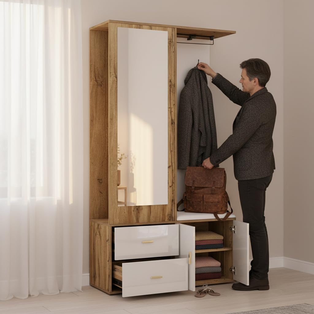 Ensemble d'armoire de Couloir - Miroir, Banc à Chaussures et Tringle à vêtements Extensible - Ensemble Moderne et Peu encombrant - en Bois Blanc