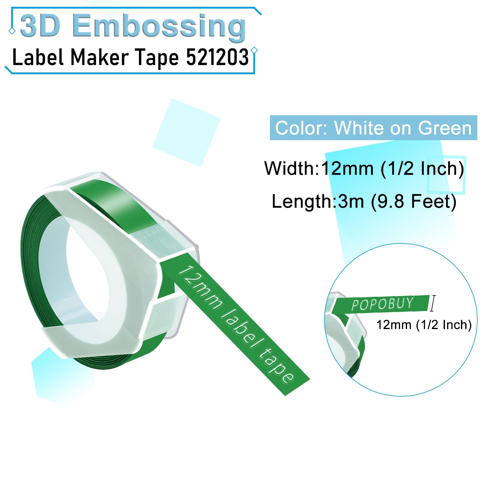 POPOBUY 30 Pack Embossing Label 1/2 Inch A521203 Compatible for DYMO 3D Plastic Emboss Tape 521203 White on Green, 12mm x 3m for Office Mate II 1540 154000, MoTEX E101 E404 Label Makers