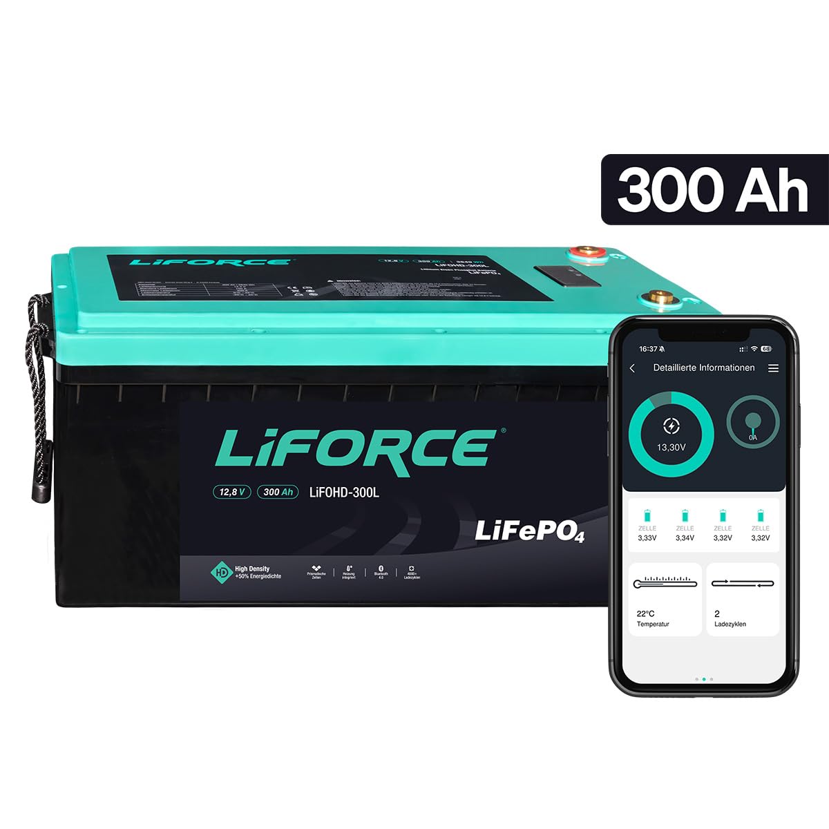 LiFORCE Batteria di alimentazione LiFePO4 da 12 V, 300 Ah, con Bluetooth, 4000 Deep Cycles, batteria al litio per camper e barche, immagazzinaggio di energia per la casa, LIFOHD-300L