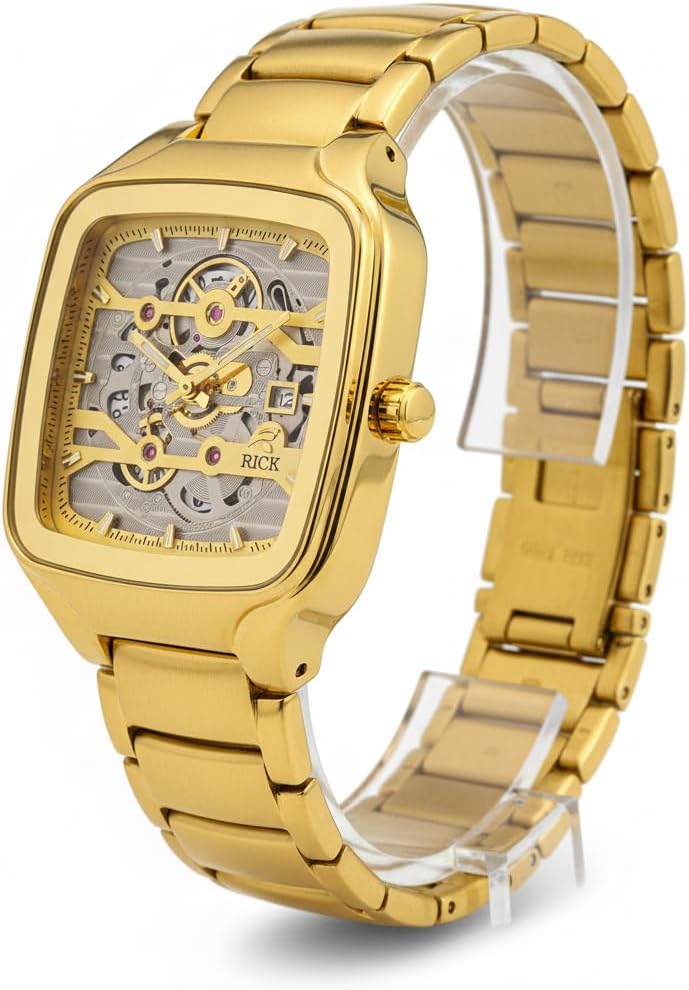 Luxury Gold Skeleton Analog Men’s Watch | Premium Square Dial Transparent Gear Design | Stainless Steel Chain Wrist Watch for Men | Stylish Party & Office Gift Watch