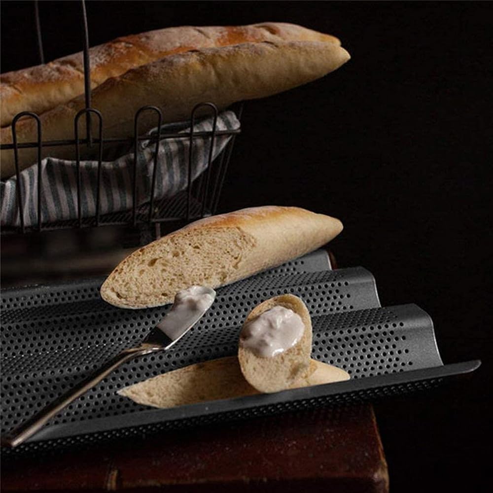 2 Pièces Plaque à Baguette Moule pour 3 Baguettes Moulle à Baguette Pain avec Revêtement Antiadhésif Moule à Pain Baguette Français Moule à Baguette en Acier Carbone pour Cuisson De Pain