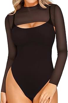 Popilush Long Sleeve Black Body Suits Womens Mesh Shapewear