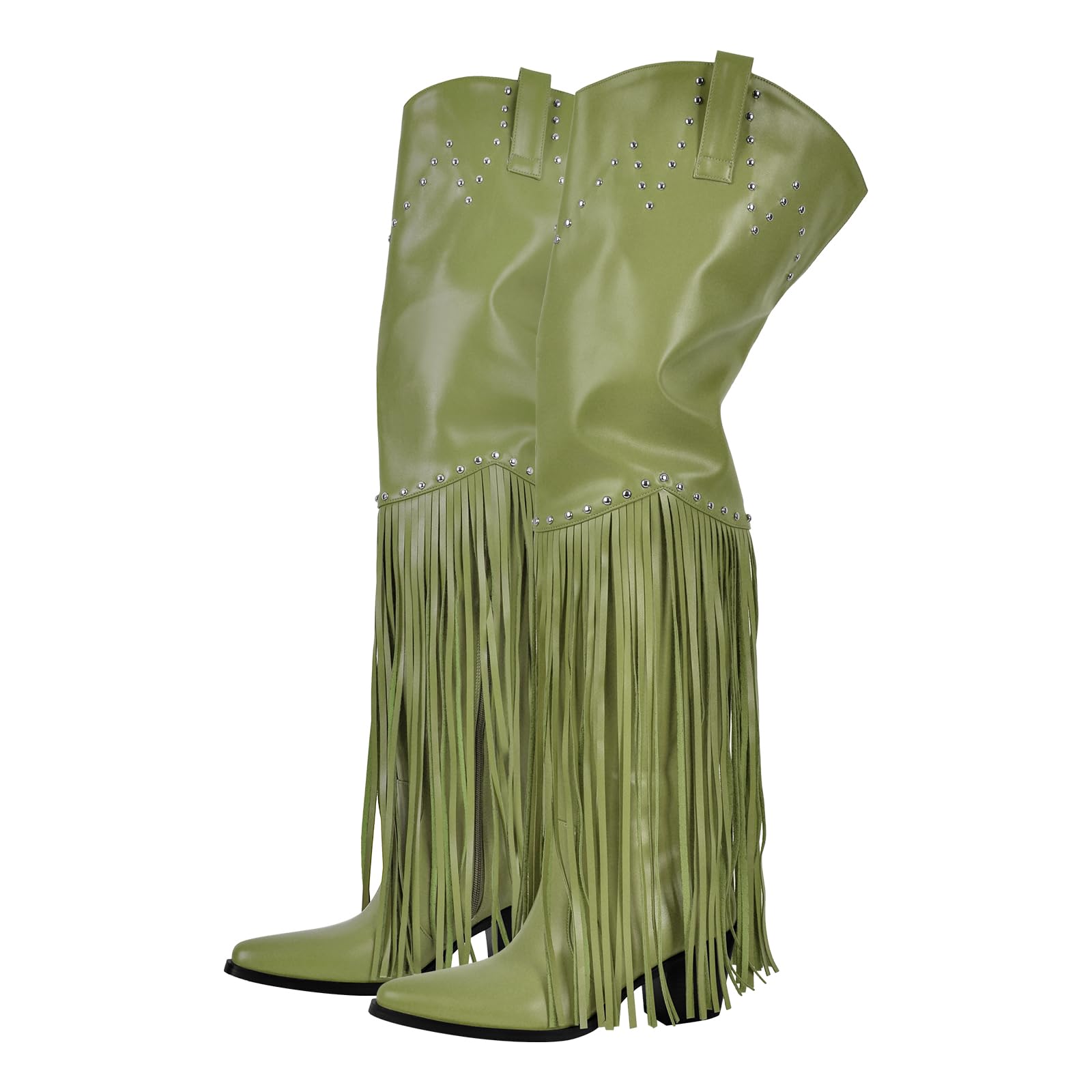 richealnini Western Thigh High Cowboy Boots with Fringe Over Knee Wide Calf Cowgirl Boots