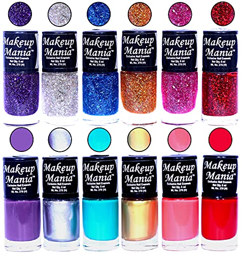 Makeup Mania Nail Polish 6ml Set of 12 Pcs, Nail Paint Purple, Silver, Green, Golden, Pink, Red with Glitters - Image 2