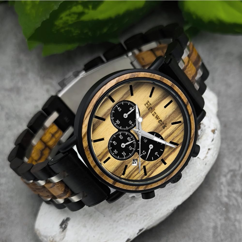 Holzwerk Germany Orologio da uomo di design, realizzato a mano, in legno naturale, cronografo, analogico, al quarzo, marrone e nero, con data, quadrante in legno