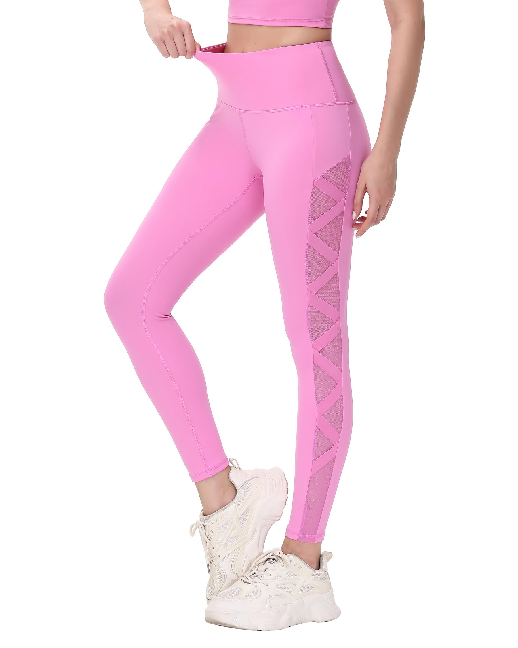 romansong Women's Mesh Leggings Yoga Pants with Pocket, Non See-Through Capri High Waisted Tummy Control 4 Way Stretch