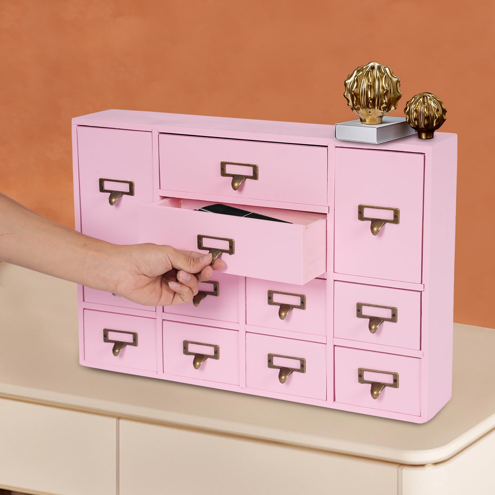 WUSILILU Storage Box with 12 Drawers, Library Card Catalog Cabinet with Slot, Tabletop Drawers Organizer, Wooden Desk Drawer Organizer Categorized Storage Drawers for Home, Office (Pink)
