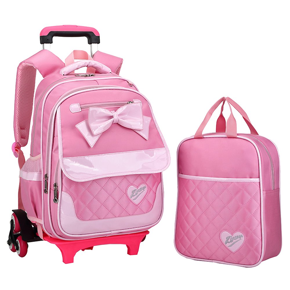 ZEVONDA Kids Lovely Trolley Backpack Bowknot School Bag Three Wheeled Removable for Primary Students Girls