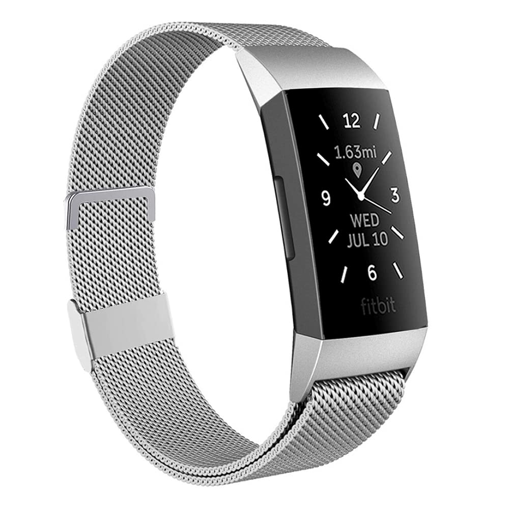 Moydolo Compatible with Fitbit Charge 3 Strap/Fitbit Charge 4 Strap, Men Women Stainless Steel Metal Adjustable Magnetic Lock Loop Mesh Replacement Band for Charge3/Charge 4/Charge 3 SE, Small Silver