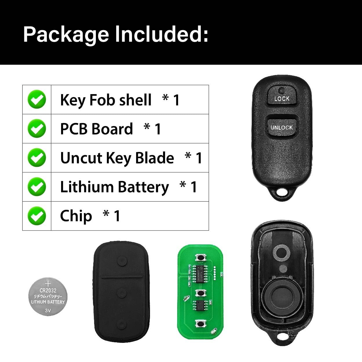 TG Auto Key Fob Replacement - 3 Button 314MHz For Scion XB, Toyota Celica, Echo, FJ Cruiser, Highlander, Prius, RAV4, Tacoma, Yaris (2 Pack, Black) - View #6