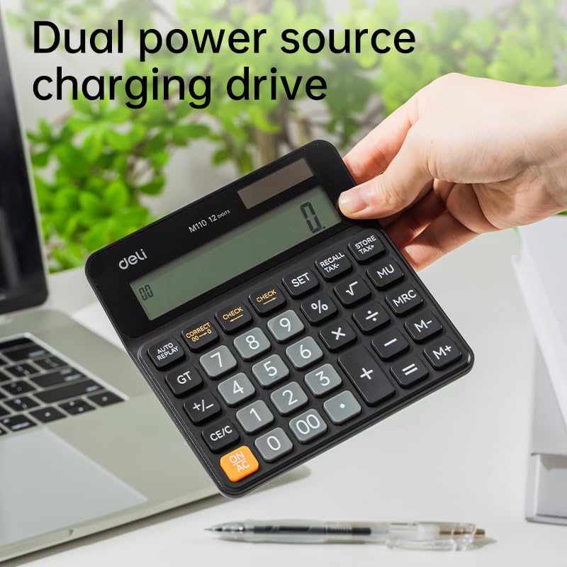 Deli EM110-12 Calculator being held, highlighting its dual power source (solar panel visible).