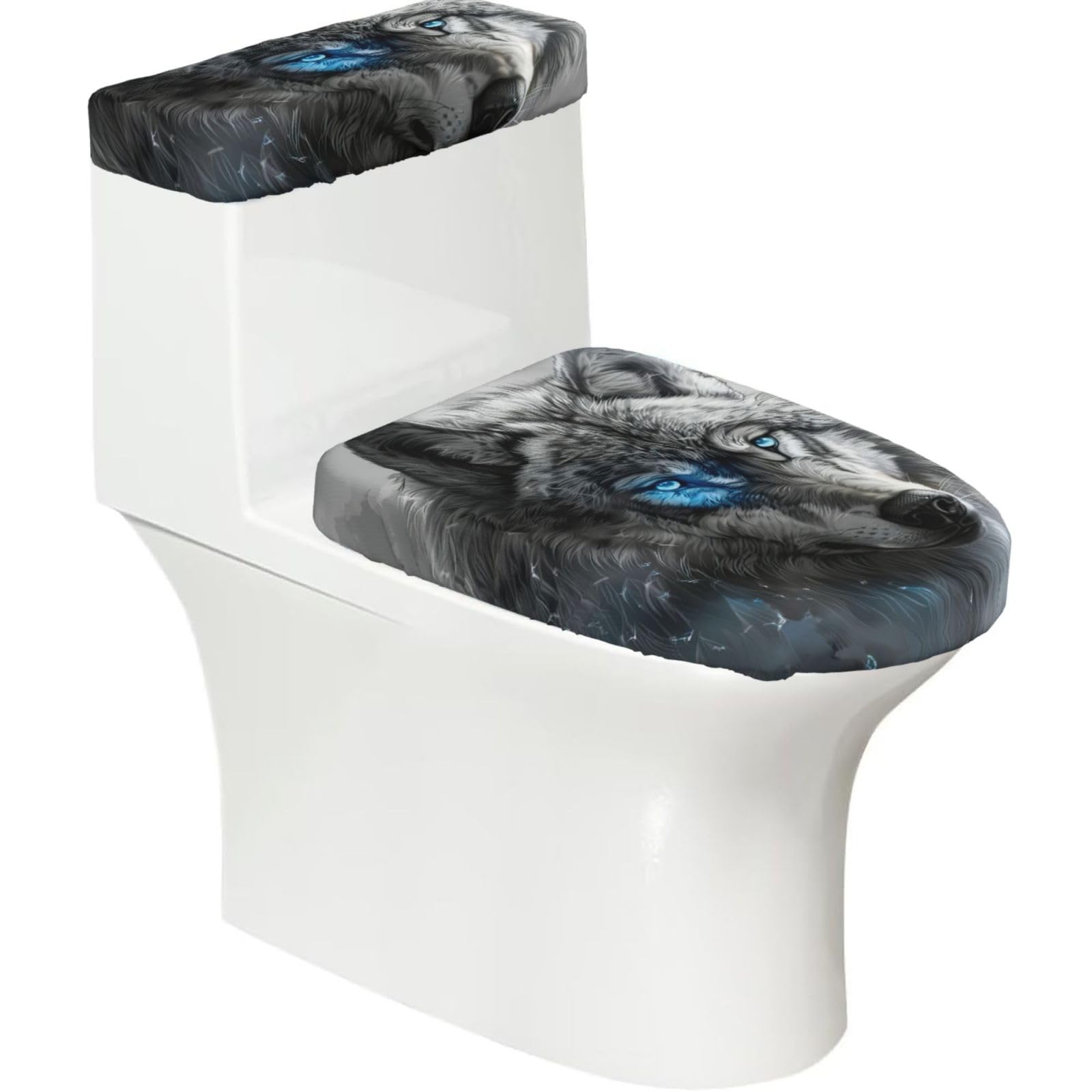 Blue Eyes Wolf Printed Toilet Tank and Lid Cover Set of 2 for Most Bathrooms, Fits Elongated Round Toilets