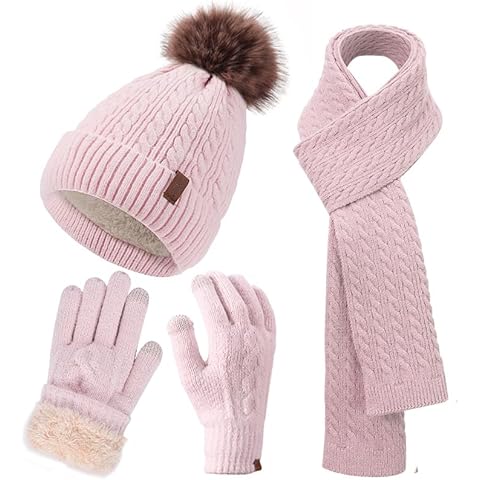 Womens Winter Beanie Hat Scarf and Gloves Set Girls Cable Beanies with Pompom Knitted Scarf Touch Screen Gloves Sets for Cold Weather Ladies Pink Knit Thick Warm Soft Fleece Lined Thermal Cap Cover