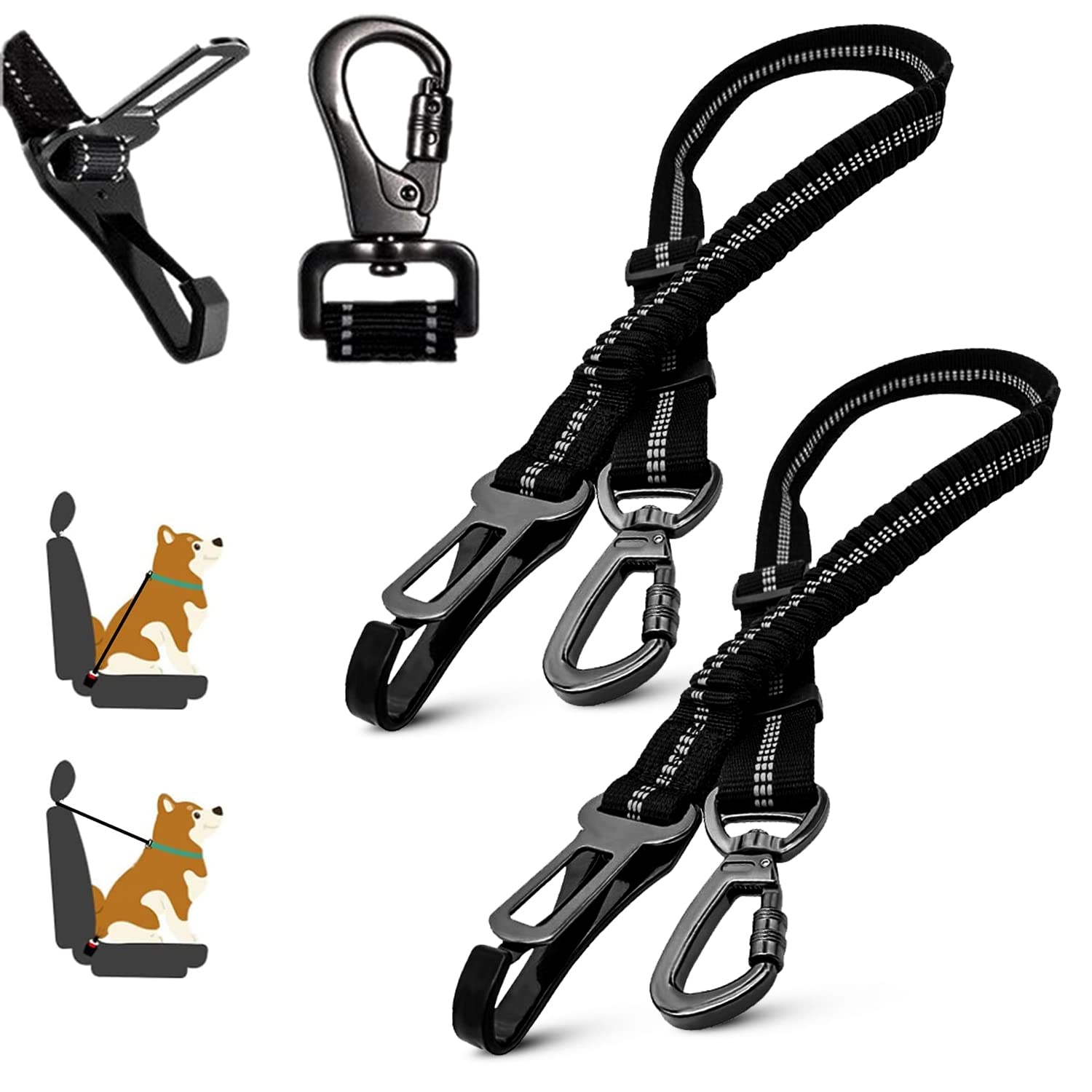 LodBar Cintura di Sicurezza per Cani e Gatti, 2 Pezzi, Regolabile, Guinzaglio Allungabile, Nero, Nylon, 229.99g, Per Cani e Gatti di Taglia Media