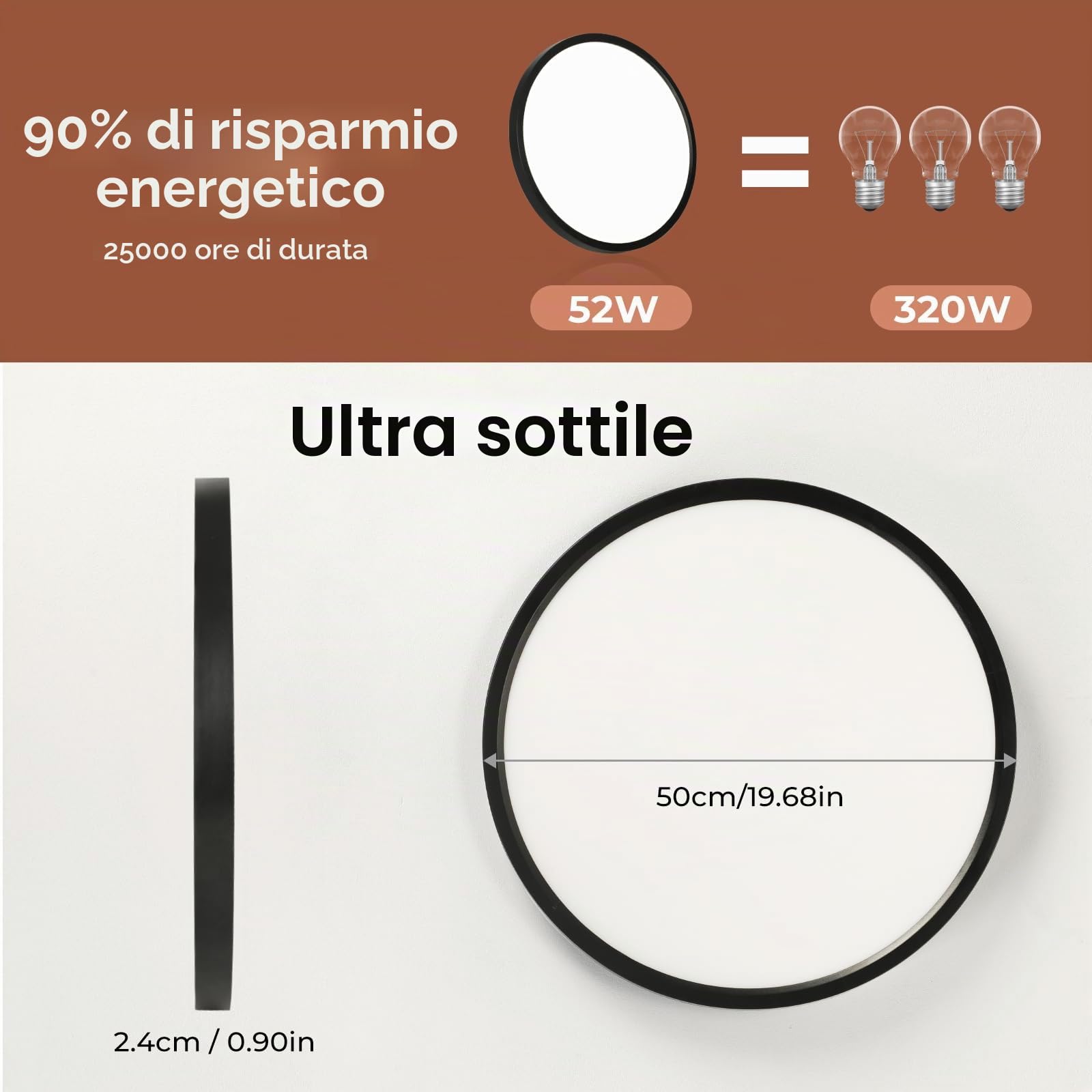 EASY EAGLE Plafoniera LED Soffitto Ø50 cm, Luce Naturale 4000K 52W Plafoniera da Soffitto Rotonda, IP44 Impermeabile Lampadario LED Soffitto Nero per Camera da Letto, Bagno, Cucina, Soggiorno