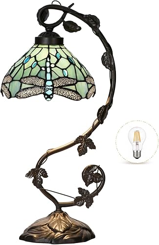 TL0024 Lámpara estilo Tiffany con diseño de libélula azul mar, pantalla de vitral y diseño de vid para dormitorio, sala de estar, 10 pulgadas de