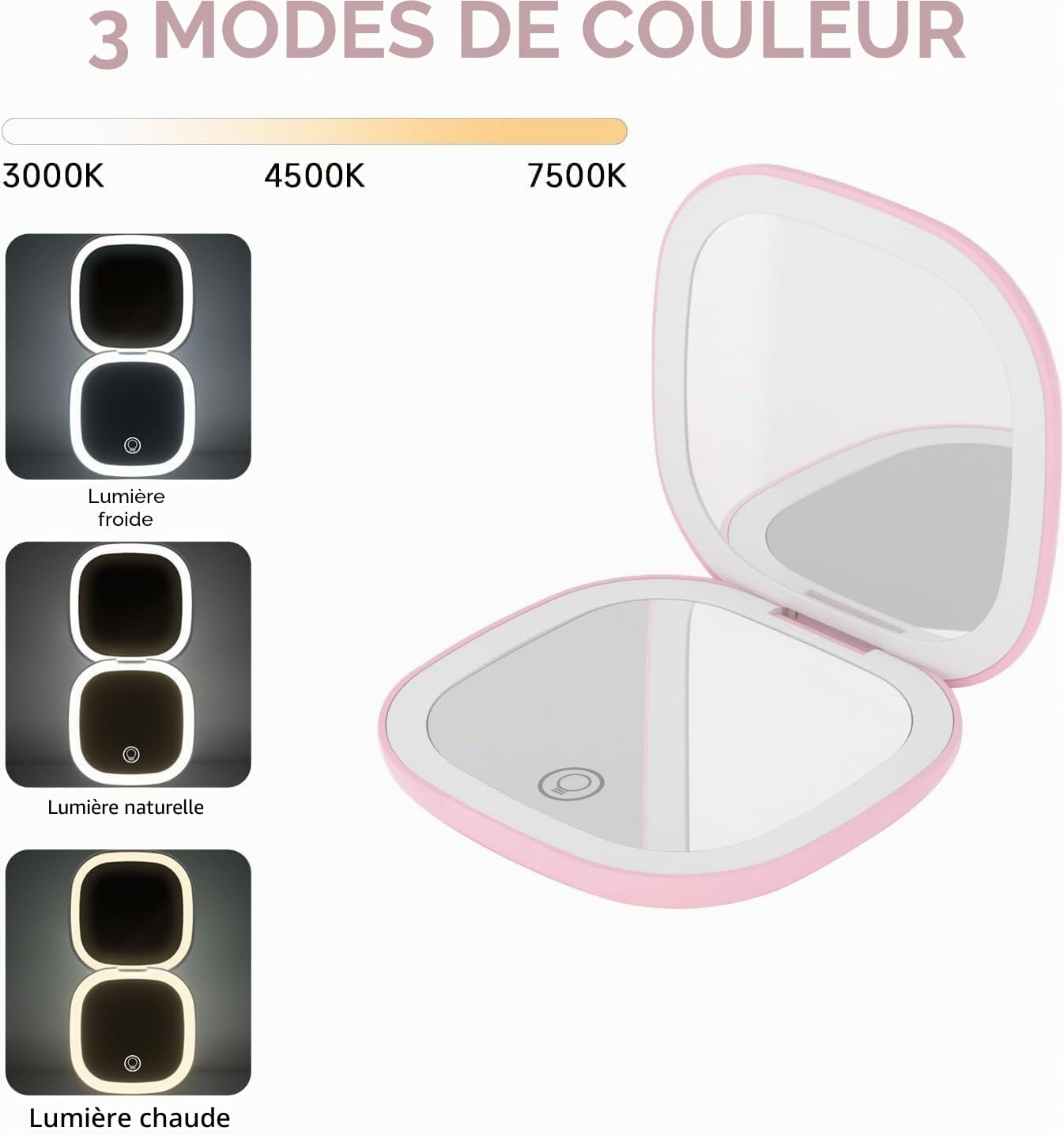 QUMOX Miroir de Maquillage Éclairé Grossissant 10X Rechargeable avec Lumière LED 3 Modes Contrôle Tactile USB-C