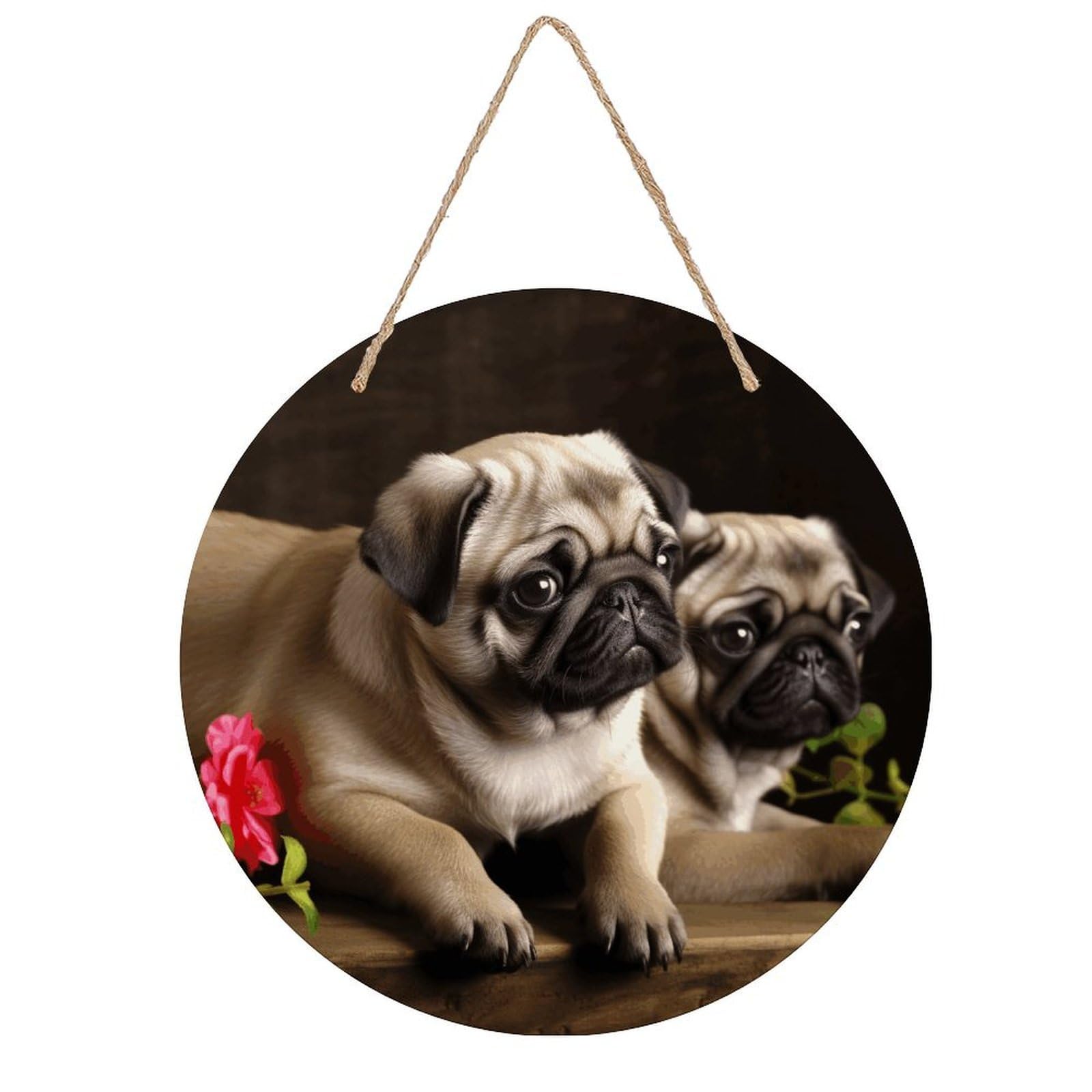 VstaDank Puppys Pug Wall Art Decor with Ropes Wooden Hanging Sign Hanging Wall Decor Artwork Round Wood Painting Modern Wall Prints Decor Picture for Office Bar Home Decors