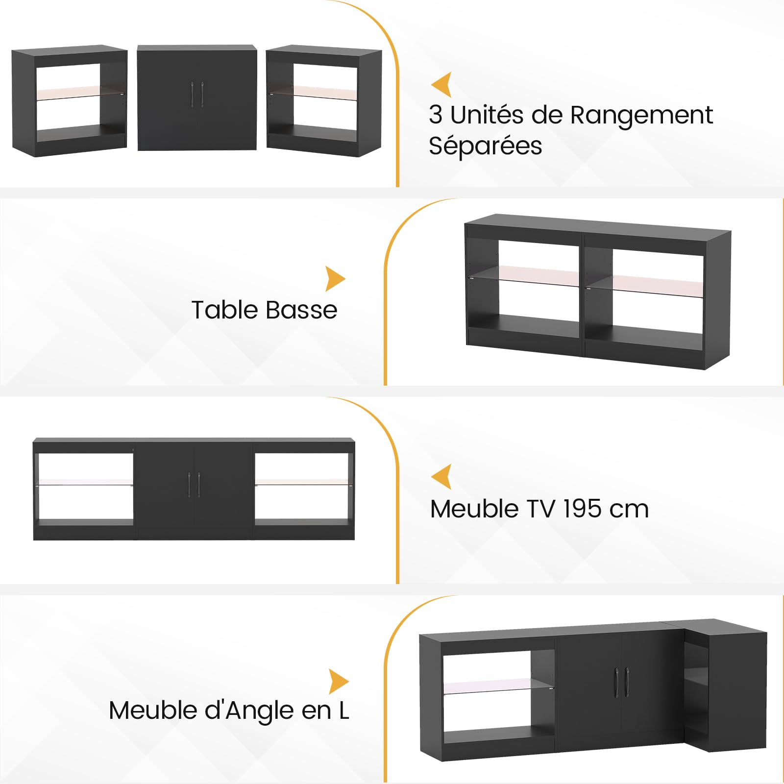 GYMAX Meuble TV avec Lumières LED 16 Couleurs pour Téléviseur 85", 3 Parties Modulaire Combinaison Libre, avec Étagères Réglables, pour Chambre, Salon, 195x30x55cm (Noir)