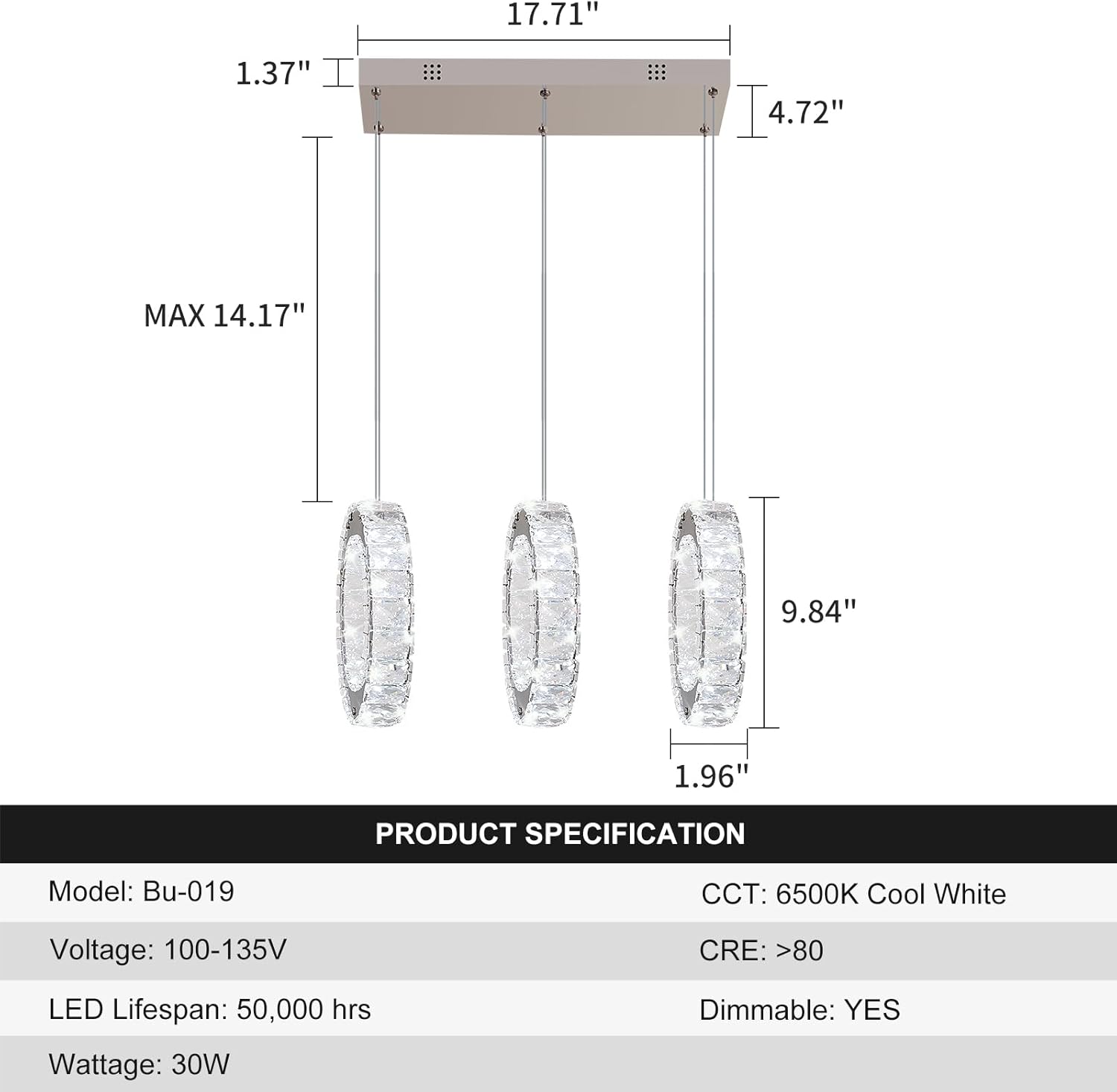 Buccleuch 3-Ring Crystal Chandelier, 9.84" Ring Diameter Dimmable LED Pendant Light, UL-Certified Stainless Steel K9 Crystal Ceiling Light for Dining Room, Living Room, Bedroom, 6500K 4400lm