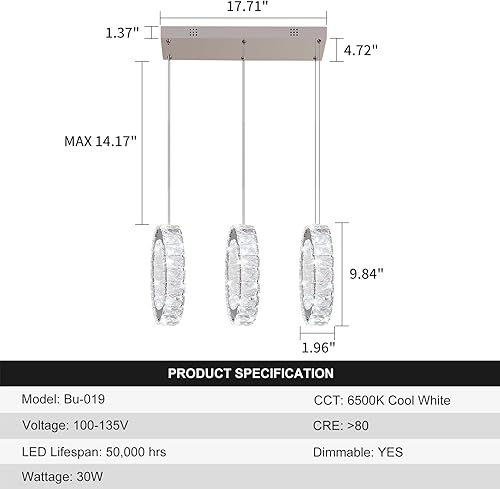 Miniatura 2 de Buccleuch Candelabro de cristal de 3 anillos, lámpara colgante LED regulable, luz colgante ajustable de acero inoxidable, candelabros de cristal