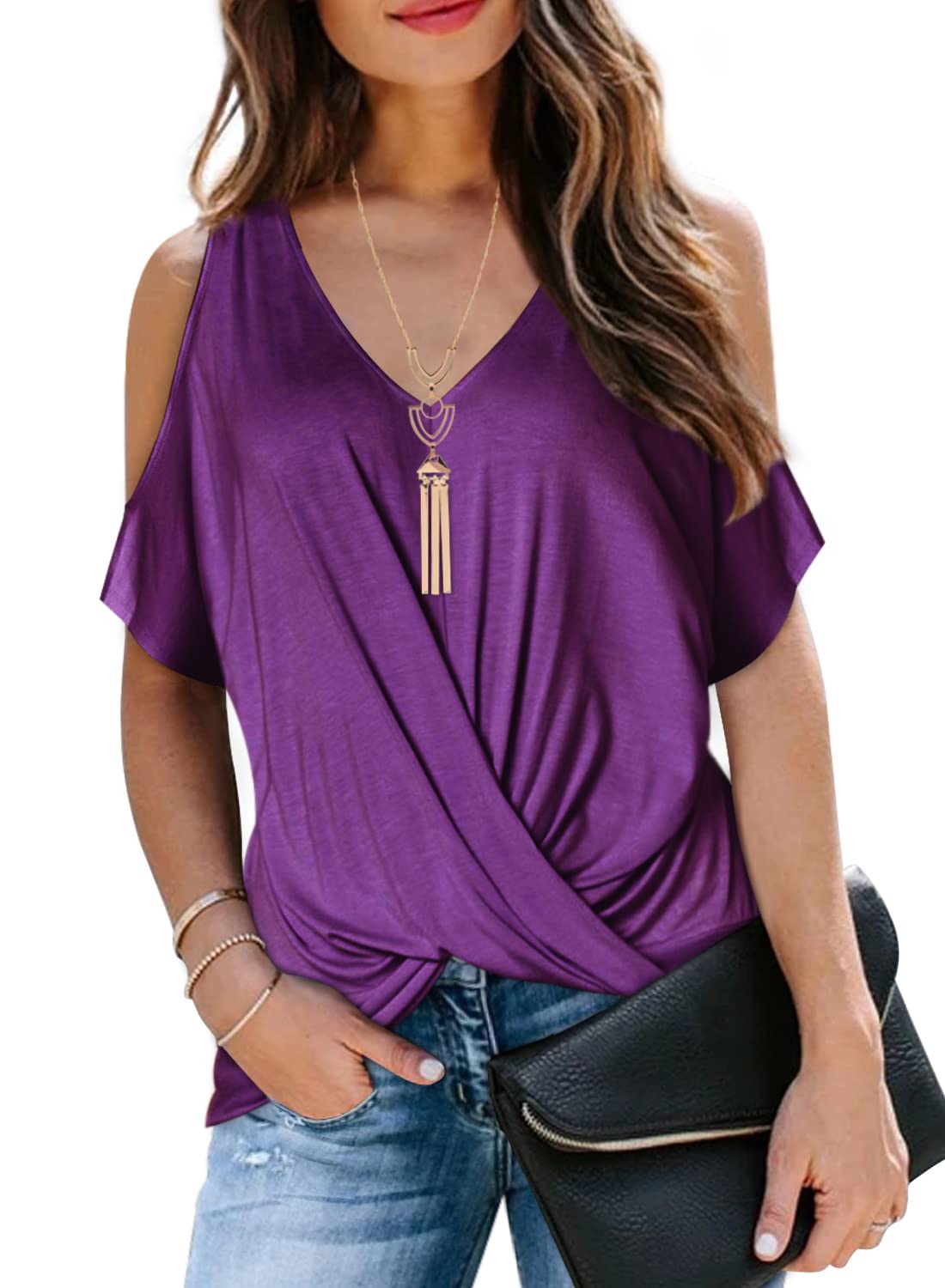 LEIYEEWomens Summer Cold Shoulder Tops Short Sleeve Front Twist Knot V Neck T Shirts Draped Blouses, Dark Purple, Medium