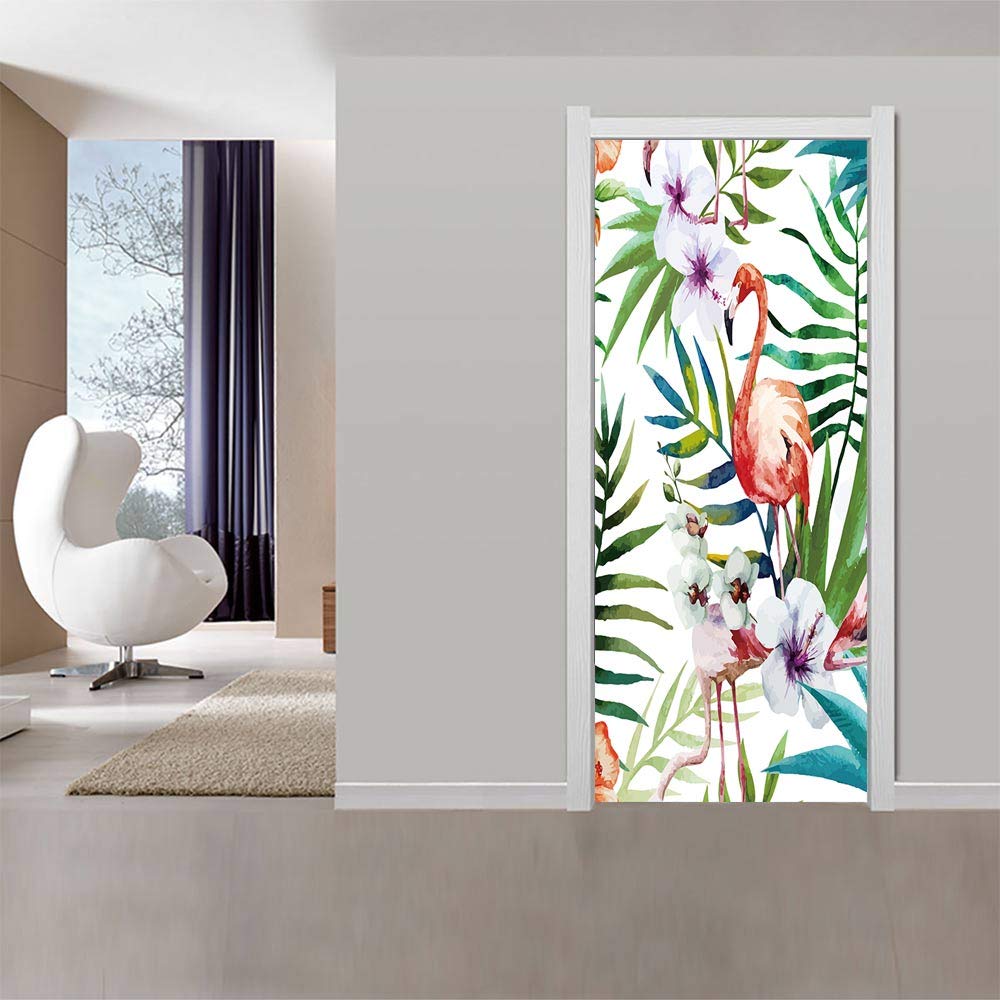 Sticker de porte trompe l'oeil flamant rose 88x200cm pour déco intérieure