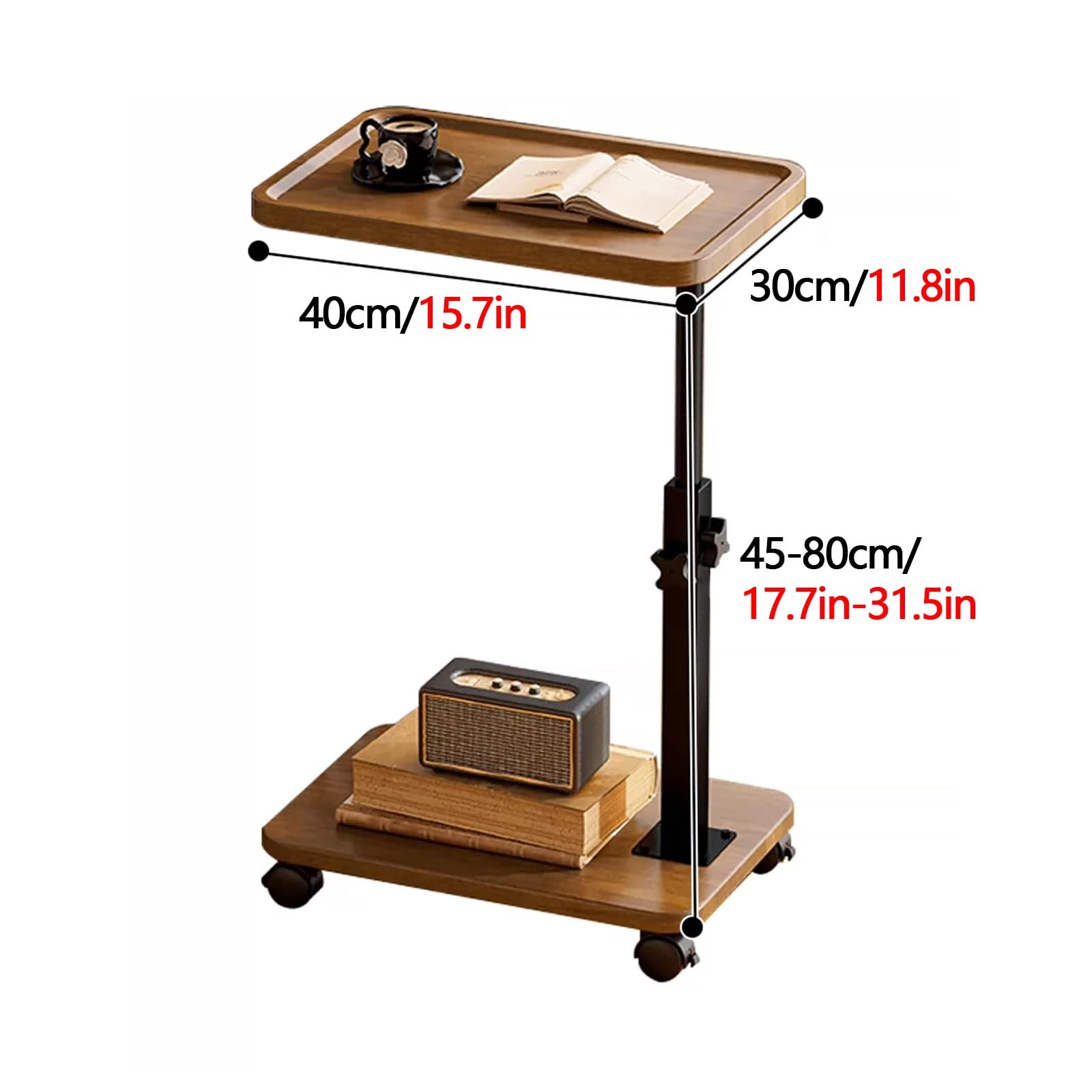 Mesas Auxiliares para Salon Modernas Altura Ajustable de 45-80 cm Mesa Auxiliar con Ruedas para Comer en La Cama Fácil Montaje para Oficina Sala de Estar Estudio Balcón(Brown)