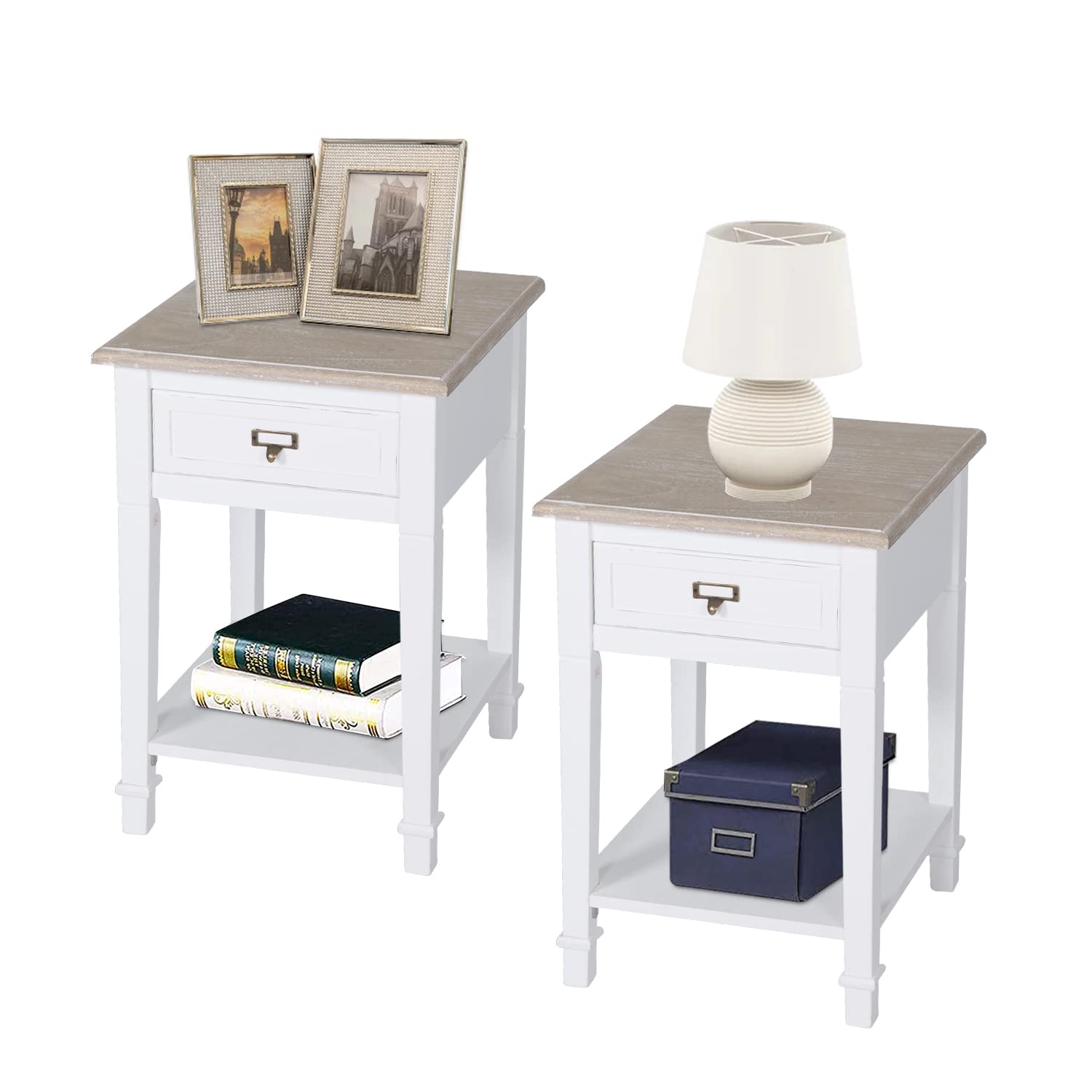 KINBOR BABYEnd Tables White Wooden Nightstand - Side Table Set of 2 with Storage Drawer, for Living Room Bedroom (2)