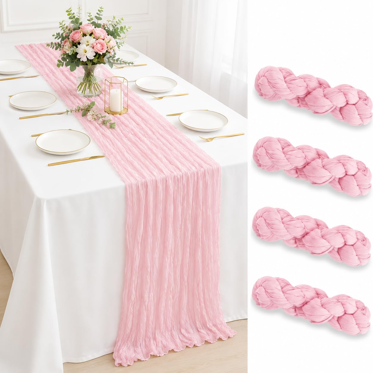 Winmany 4Pack Pink Cheesecloth Table Runner Party Decor 300x90CM