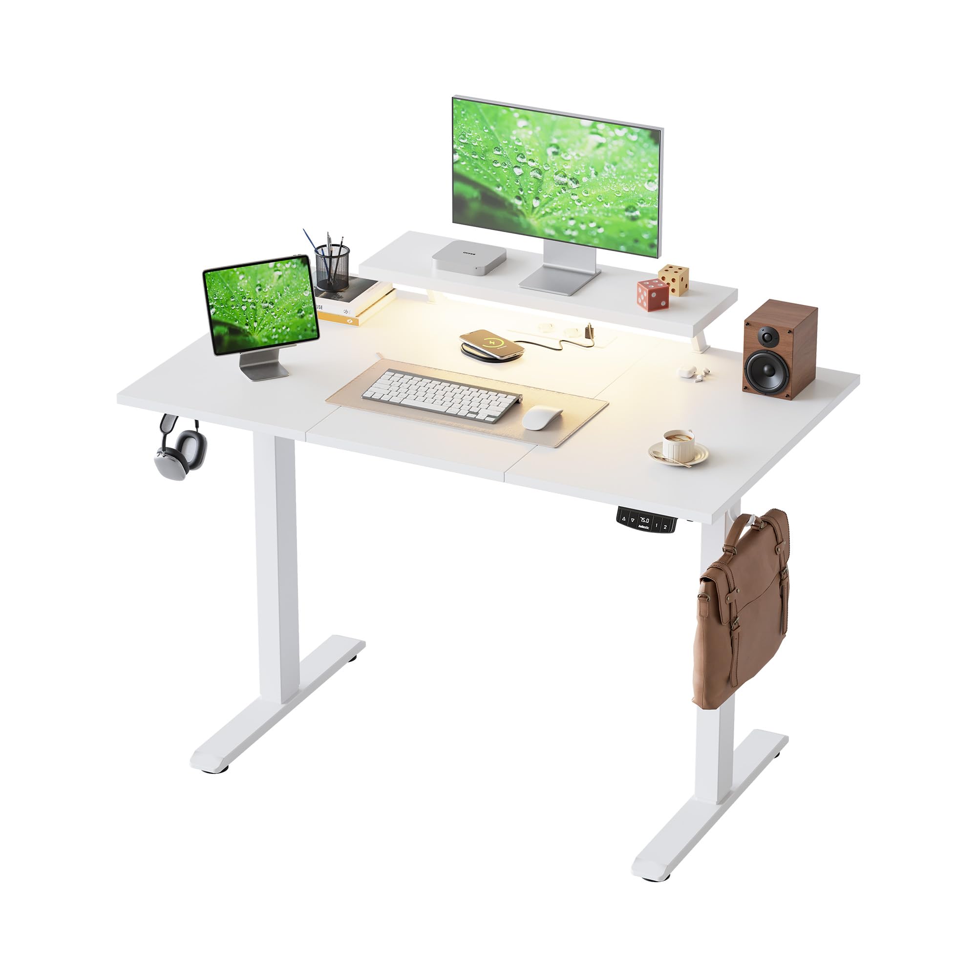 Klicelor Höhenverstellbarer Schreibtisch mit LED&Steckdosen, 120x60cm, Beweglicher Monitorständer für Gaming und Büro, Standing Desk mit 3-teilige Tischplatte, Weiß