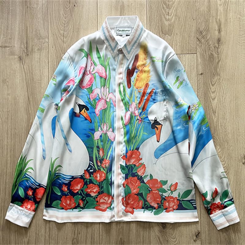 2023ss Swan Print Casablanca Shirt Men Women Hawaii Beach Long 
