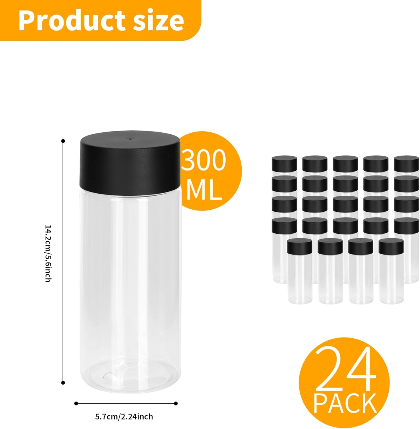 24 Pcs Clear Plastic Bottles Empty Sensory Bottles with Caps,10 Oz/ 300 ml PET Plastic Juice Reusable Leakproof Drink Container Bulk for Juice Milk (Black Lid)