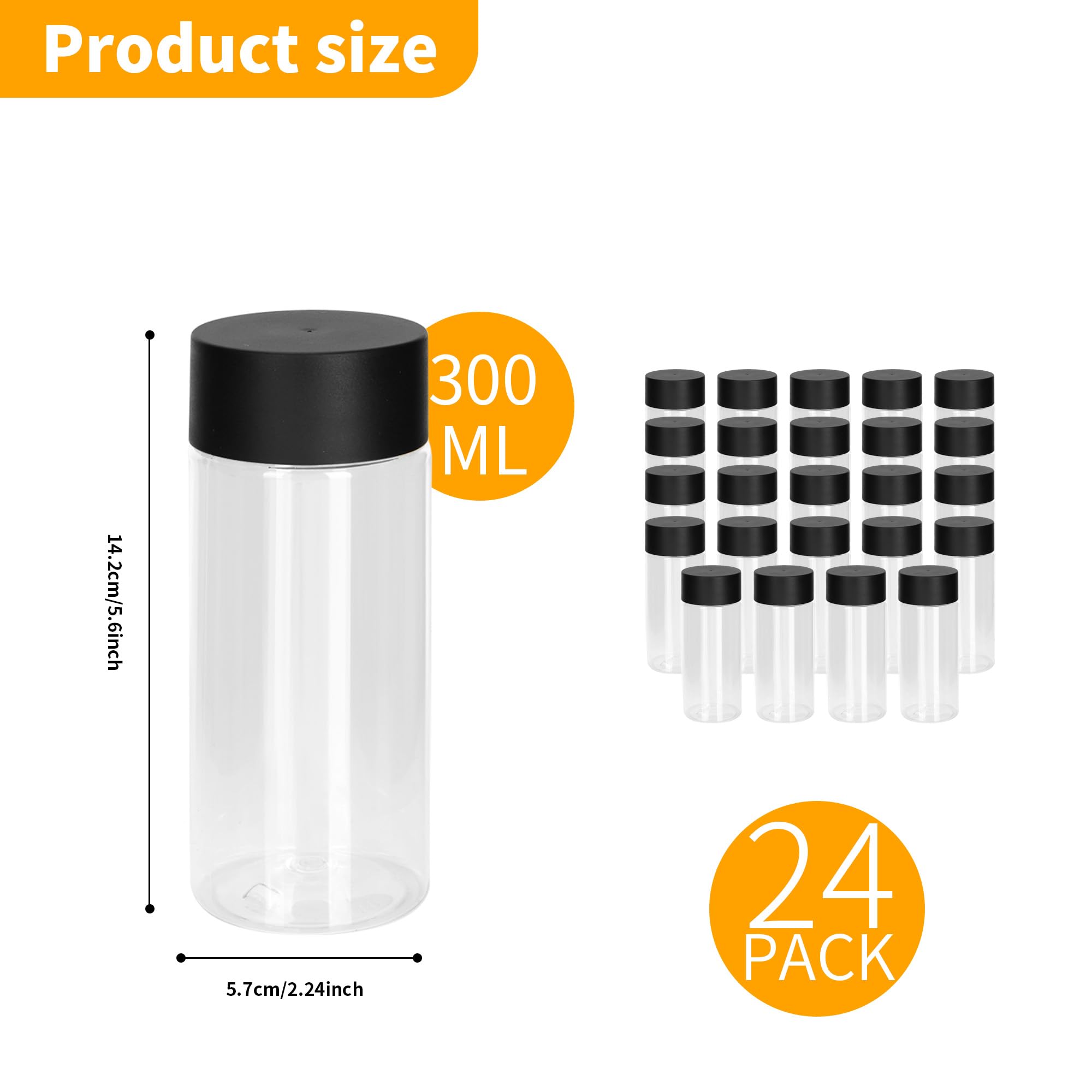 24 bottiglie sensoriali vuote in plastica trasparente con tappi, 300 ml, in plastica PET, riutilizzabili, a prova di perdite, per succhi di frutta, latte, per succhi di frutta (coperchio nero)
