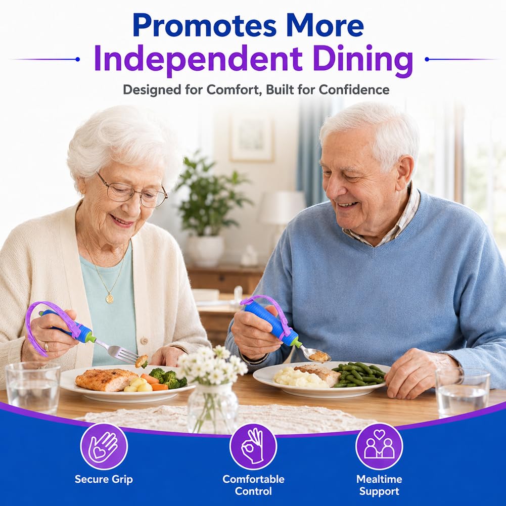 Juego De Cubiertos Adaptables Para Ancianos Y Discapacitados - Tenedor Y Cuchara Giratorios De 360° Con Correa De Silicona Ajustable Y Mango Antideslizante - Utensilios Con Peso