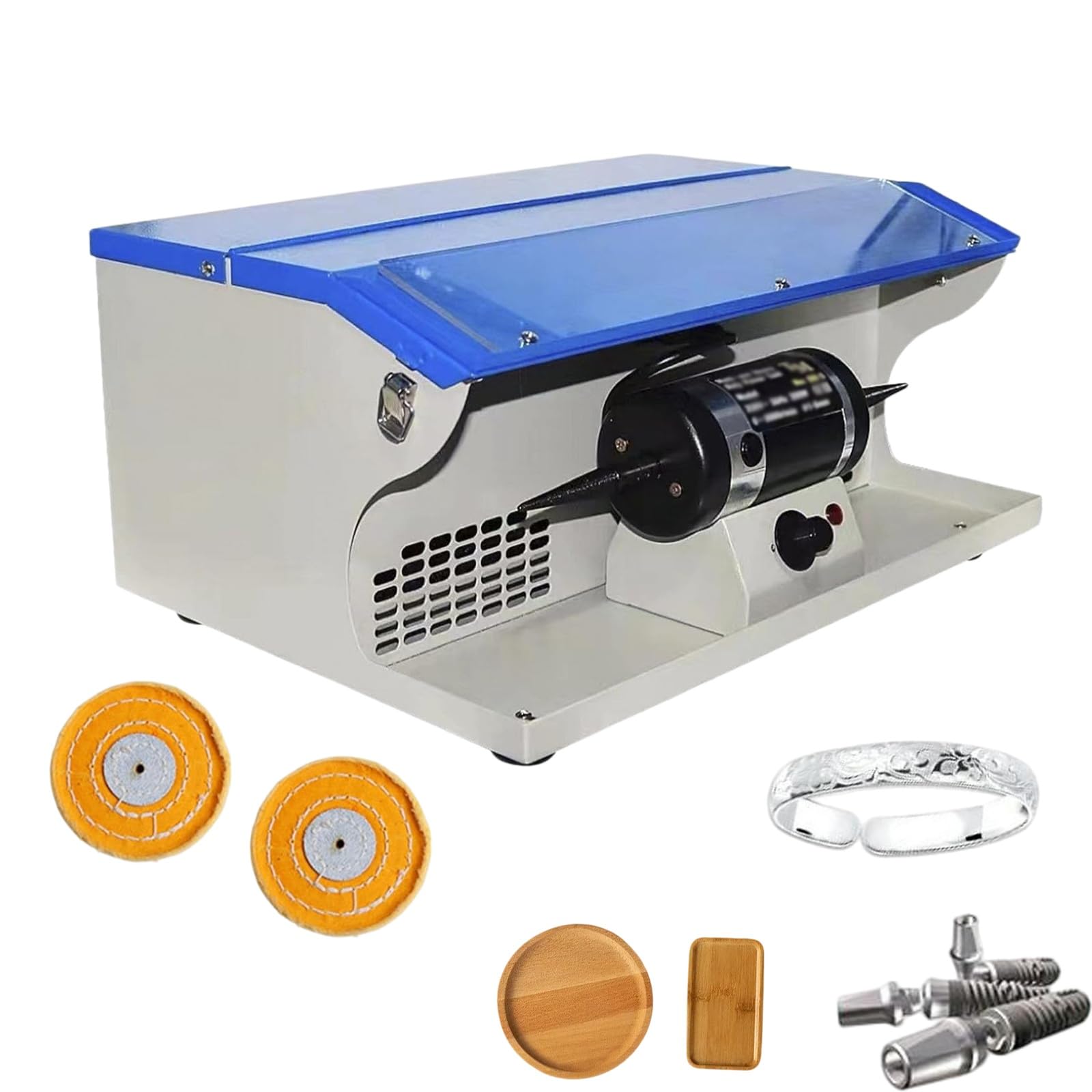 Pulidora de banco de 200 W con velocidad ajustable, recolector de polvo, luz y extractor, máquina de pulido y abrillantado para trabajos en metal, madera y piedra