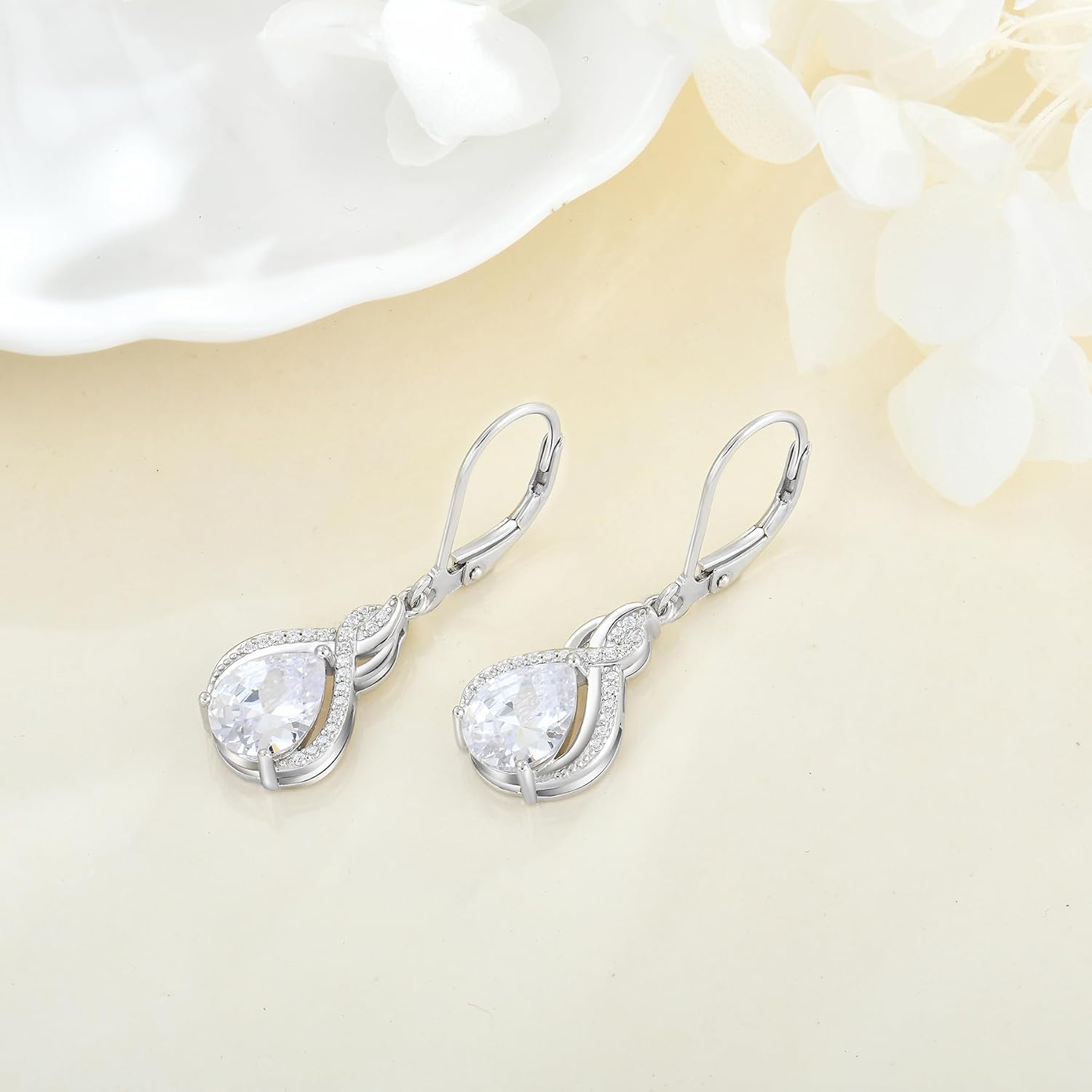 Infinity Teardrop Earrings 925 Sterling Silver Dangle Drop Leverback Earrings Pear Shaped Birthstone Jewelry Gifts for Women - Image 5