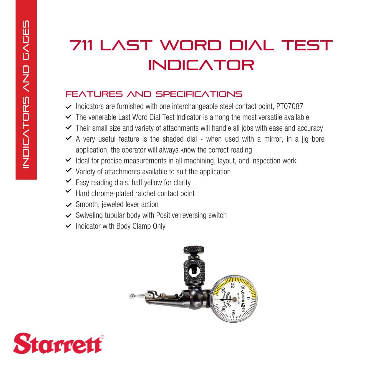Starrett 711 Last Word Dial Test Indicator with Body Clamp and Case - White Half Shaded Face, .030" Range, 0-15-0 Dial Reading, .001" Graduation - 711FSZ