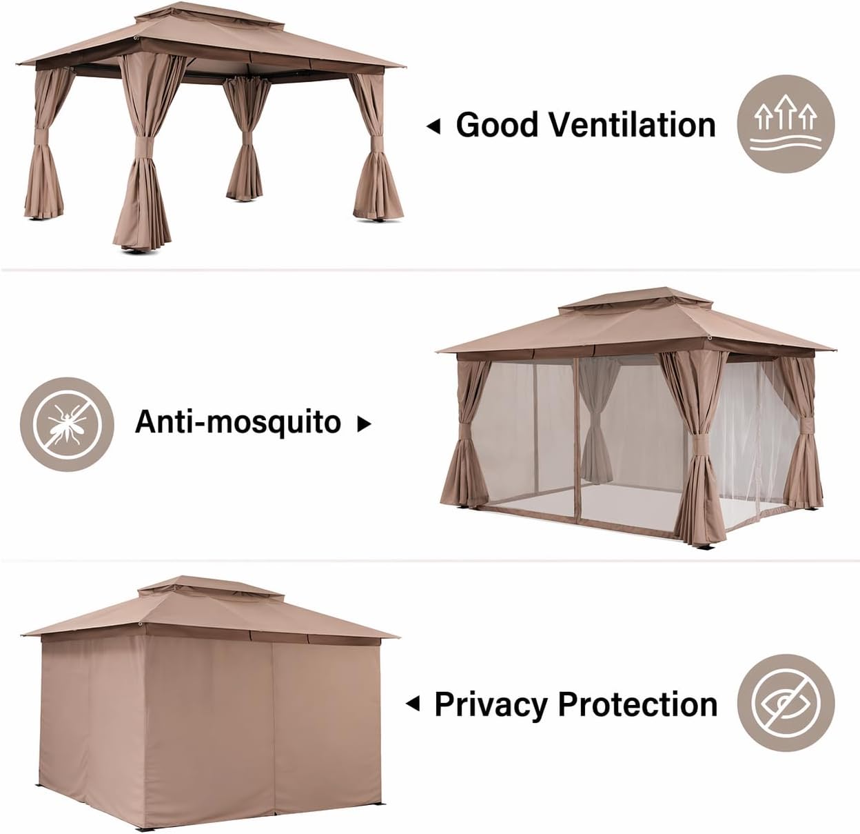 LAUSAINT HOME Patio Gazebo 10'x13', Outdoor Heavy Duty Party Tent Shelter with Double Roofs, Mosquito Nettings and Privacy Screens for Backyard, Garden, Lawn, Khaki