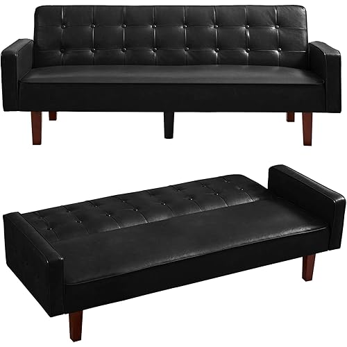 mikibama PU Faux Leather Futon Sofa Couch Upholstered Convertible Sleeper Sofa Bed Futons Modern Tufted 3 Seater Sofa Bed Couch for Living Room Apartment Small Spaces with Solid Wood Legs
