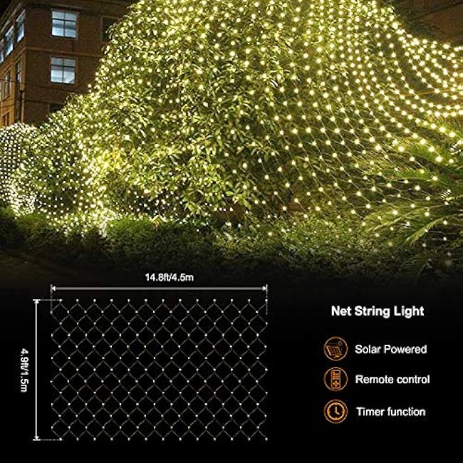 Net String Lights Solar Powered Outdoor Tree Light 15 x 5ft Mesh Light Garden Twinkle Light with Remote for Outdoor Lawn Yard Fence Indoor Decor(Warm White)