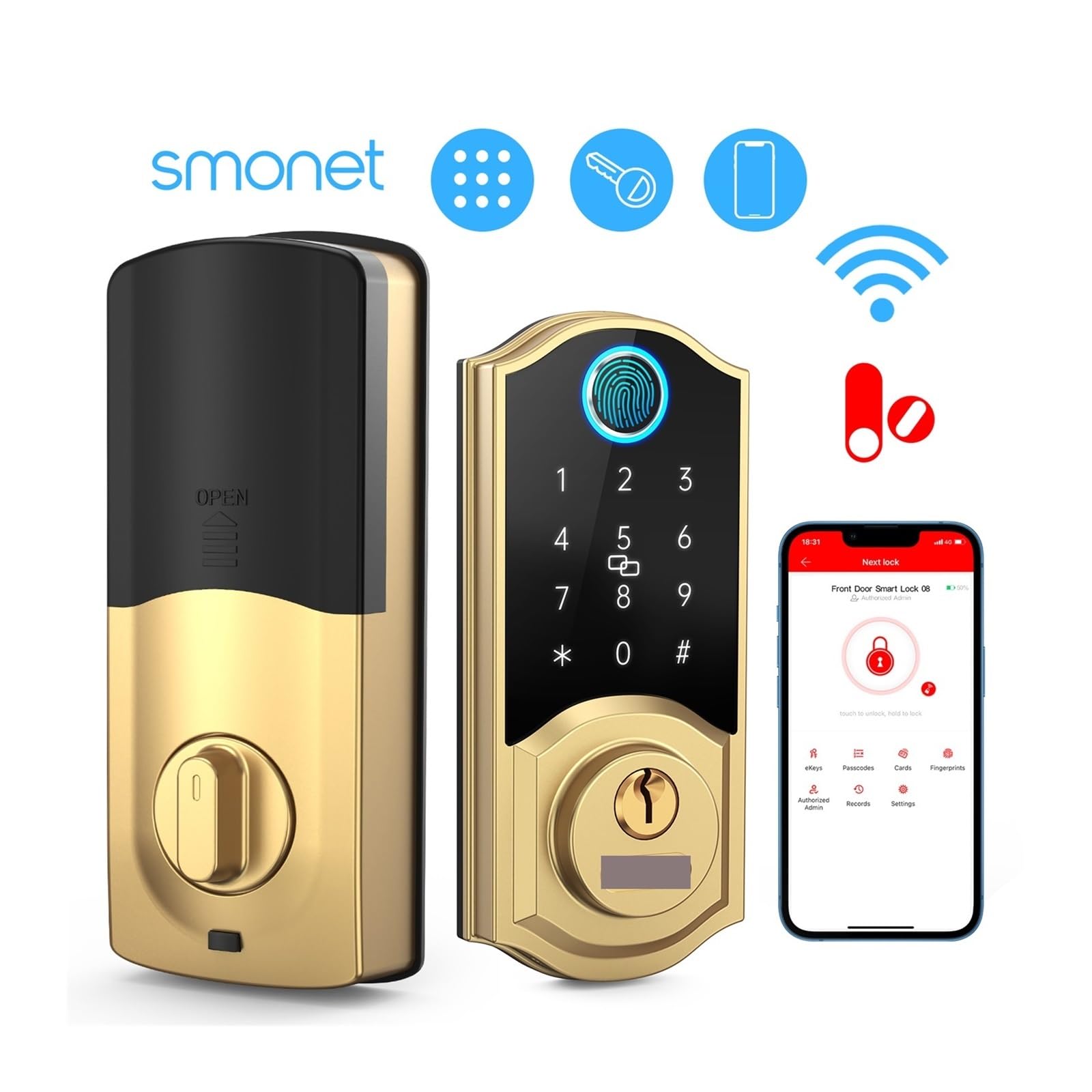 Inteligentny zamek do drzwi z czytnikiem linii papilarnych, bezkluczykowy elektroniczny klawiaturą/Bluetooth/pilotem IC, ładowaniem USB użytku domowego(Silver)