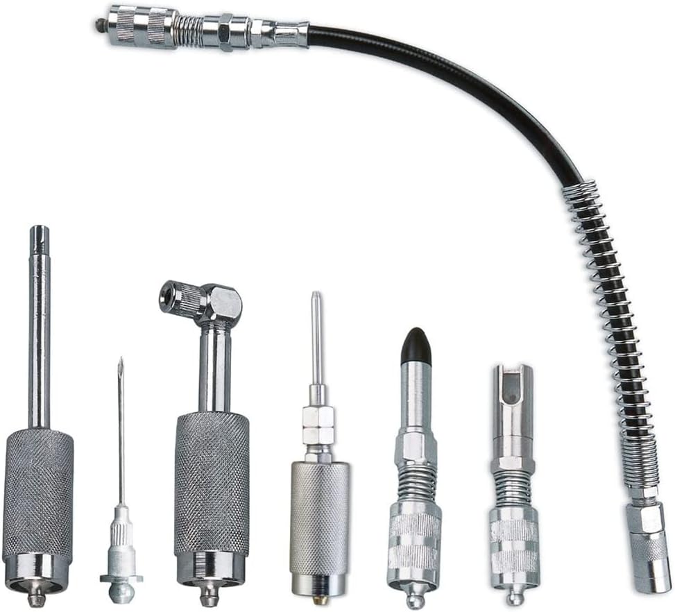 K Tool International 73907 Quick Connect Grease Gun Kit for Garages, Repair Shop and DIY, Recessed/Angled Adaptors, Injector/Narrow Needles, Dispenser, Angled Coupler, Hose with Spring Guard, 7 Piece