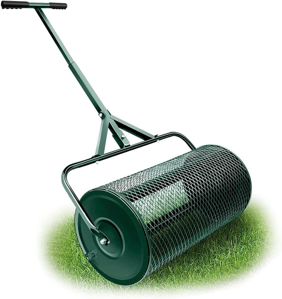 Lawn & Garden Spreader, Compost Spreader with Upgraded Side Clasps, 27 Inch Peat Moss Spreader and Compost Spreader, Heavy Duty Metal Mesh Basket Push Spreader