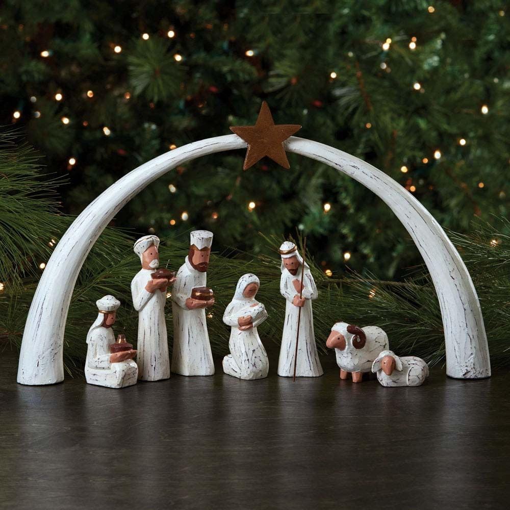 White Tabletop Nativity Set, Christmas Decorations Indoor, Collectible Figurines, Baby Jesus Holy Family Manger Scene, Religious, Catholic, Christian, Star Arch, Set of 8