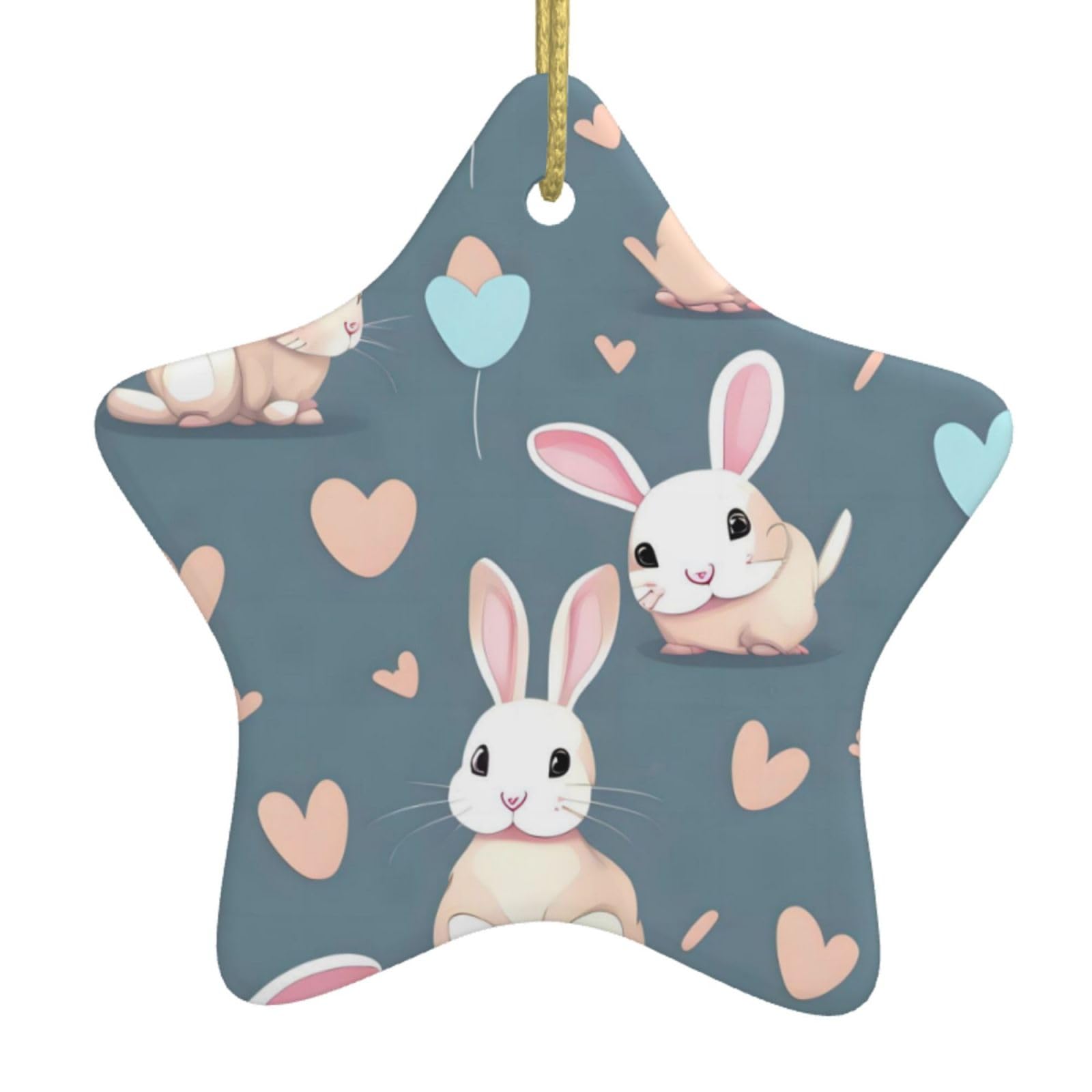 Cartoon Cute Bunny Christmas Ceramic Star Pendant with Punched Holes and Gold Wire Rope, Christmas Tree Home Decoration
